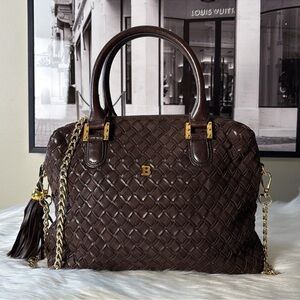 BALLY Elegant Brown Woven Suede & Leather Satchel w/Gold HDW, Chain & Tassel EUC